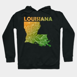 Colorful mandala art map of Louisiana with text in green and orange Hoodie